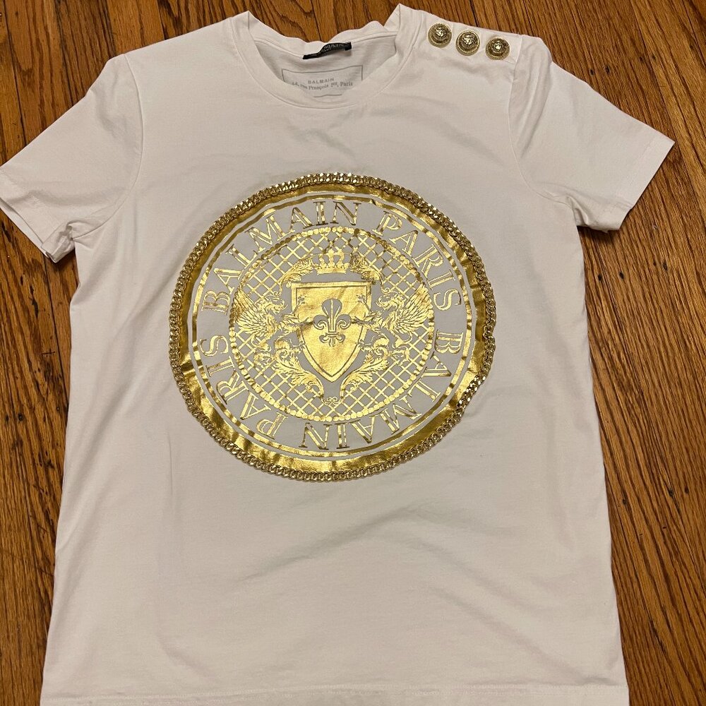 Balmain SS Tee, White, size Medium with gold buttons, gold logo